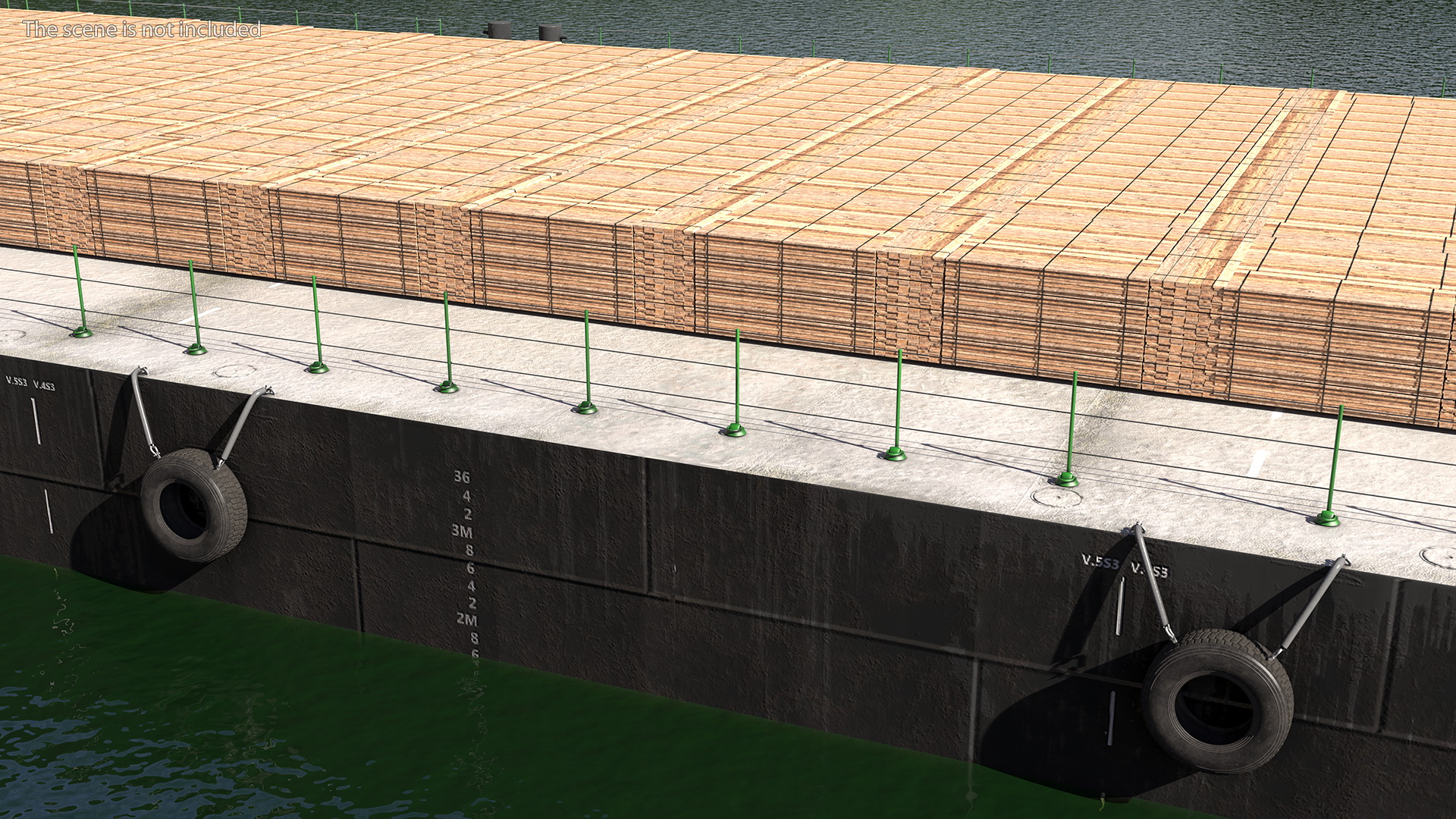 Pontoon Barge Loaded Wood Planks 3D