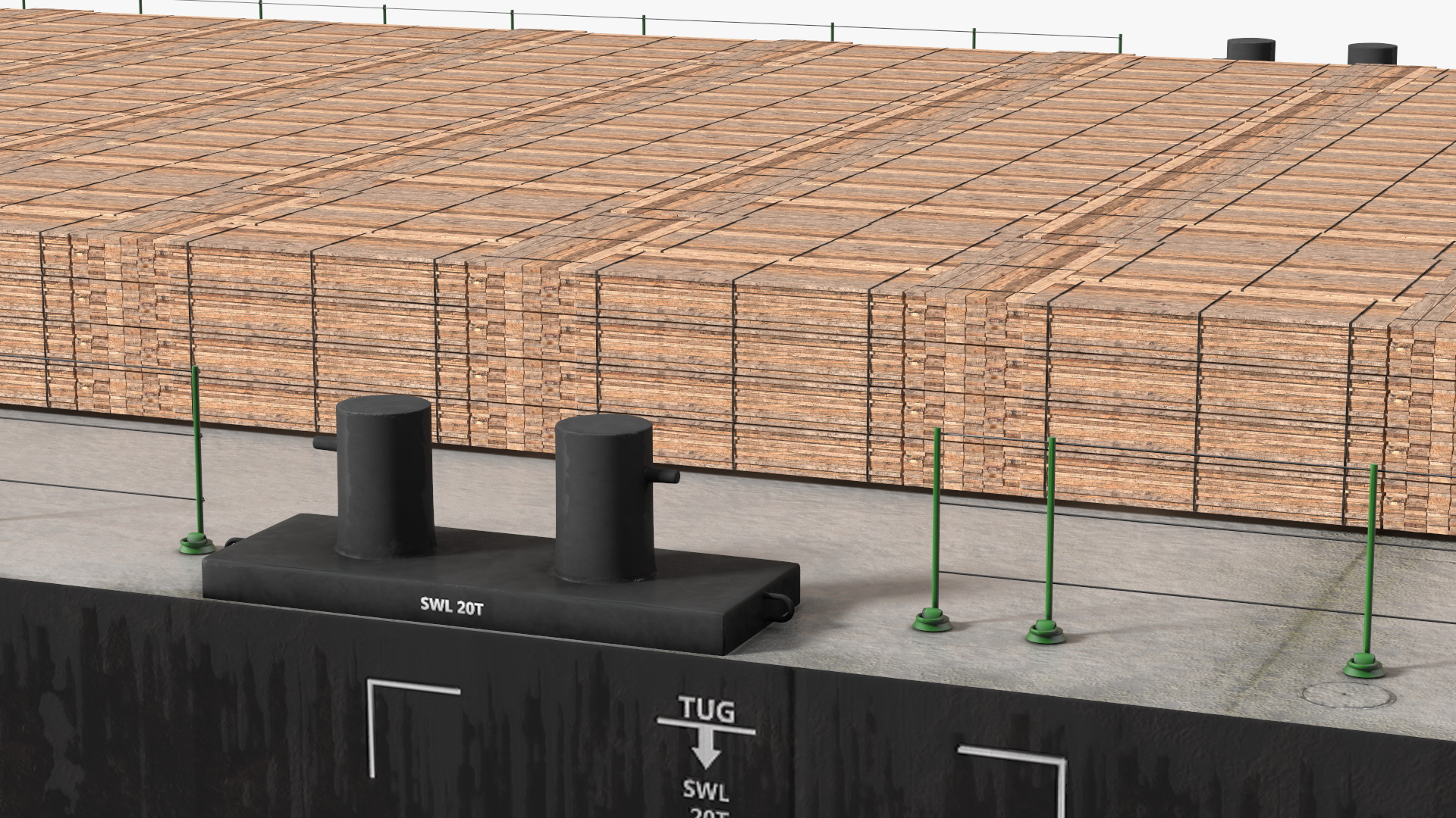 Pontoon Barge Loaded Wood Planks 3D