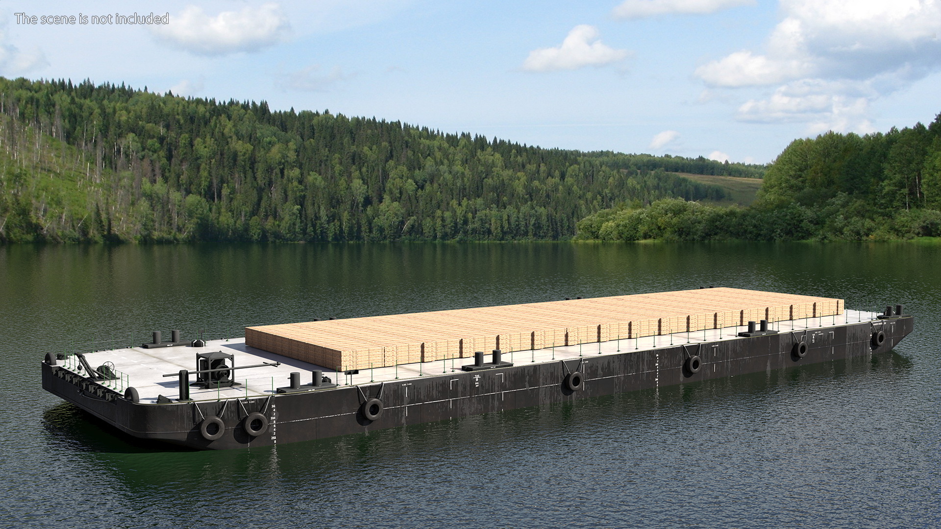 Pontoon Barge Loaded Wood Planks 3D