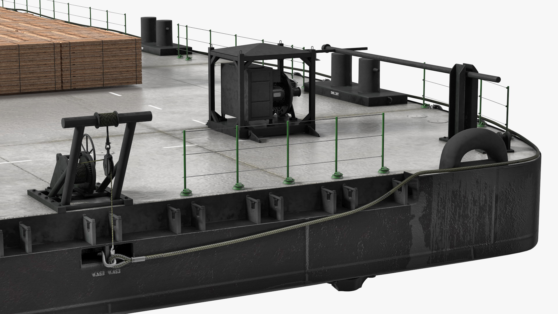 Pontoon Barge Loaded Wood Planks 3D