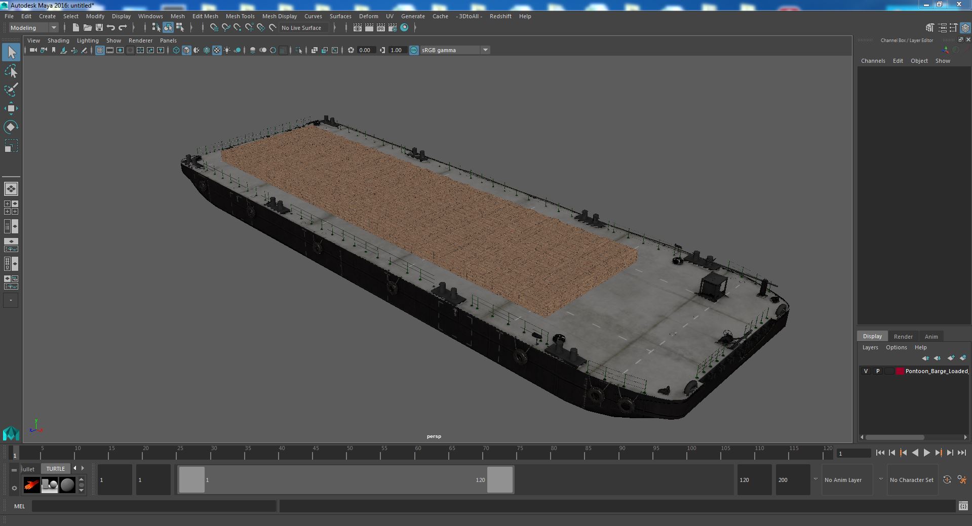 Pontoon Barge Loaded Wood Planks 3D