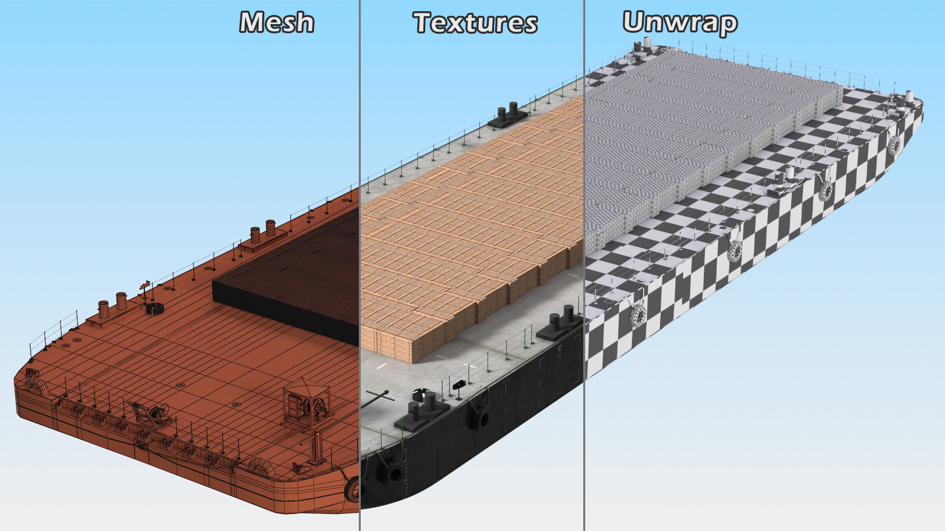 Pontoon Barge Loaded Wood Planks 3D