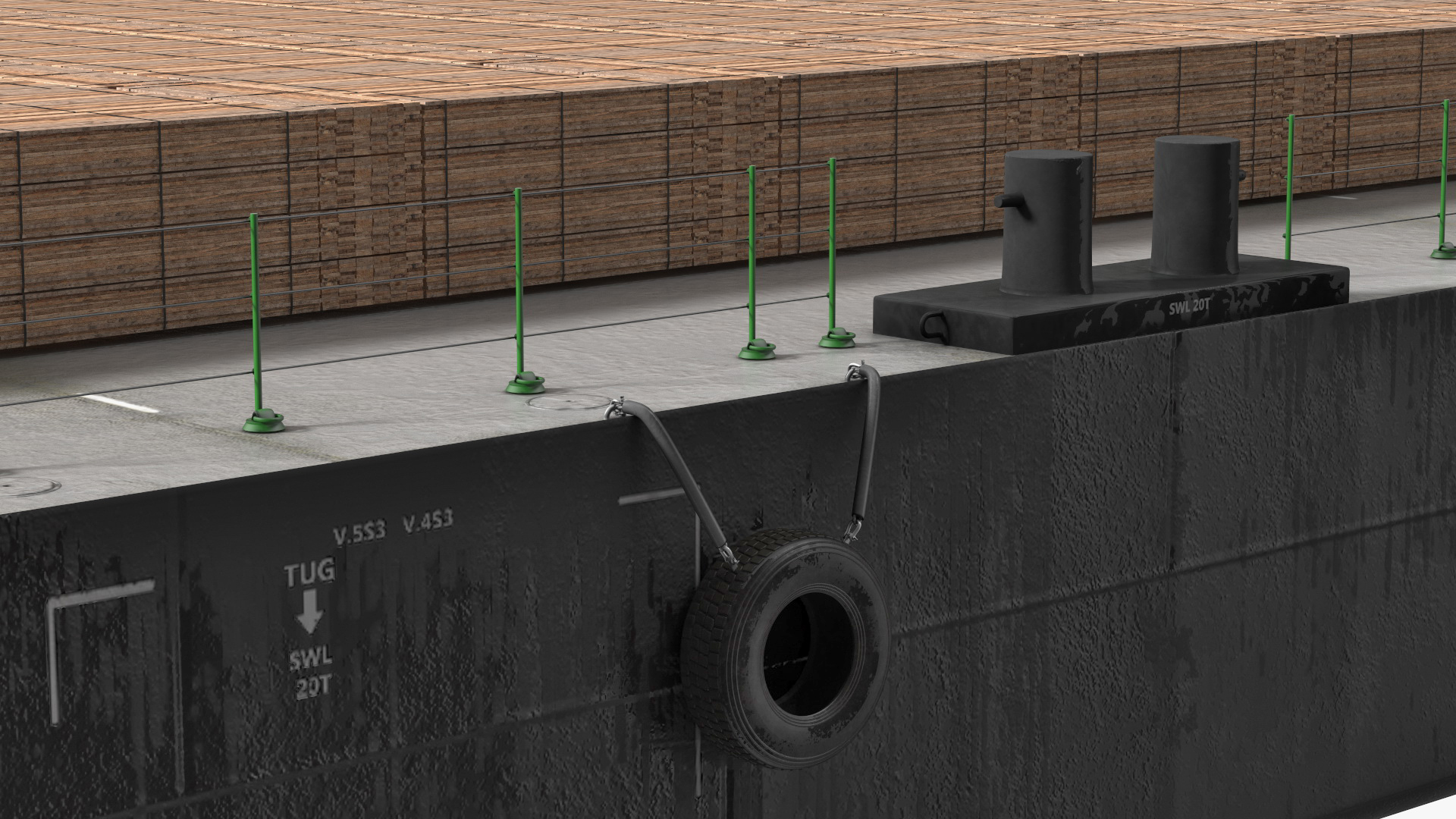 Pontoon Barge Loaded Wood Planks 3D