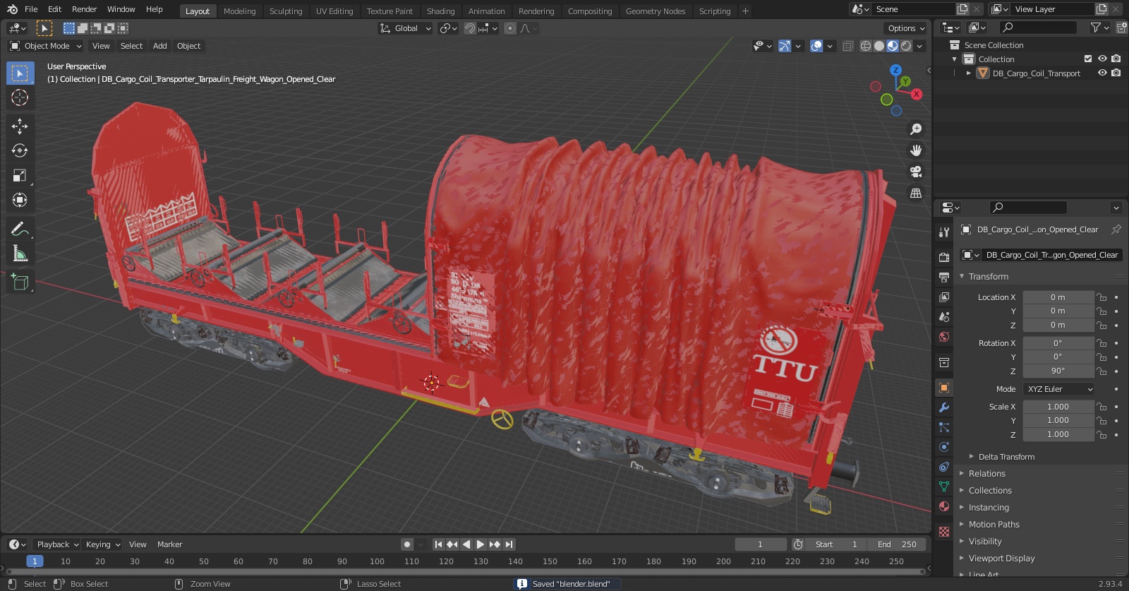 DB Cargo Coil Transporter Tarpaulin Freight Wagon Opened Clear 3D