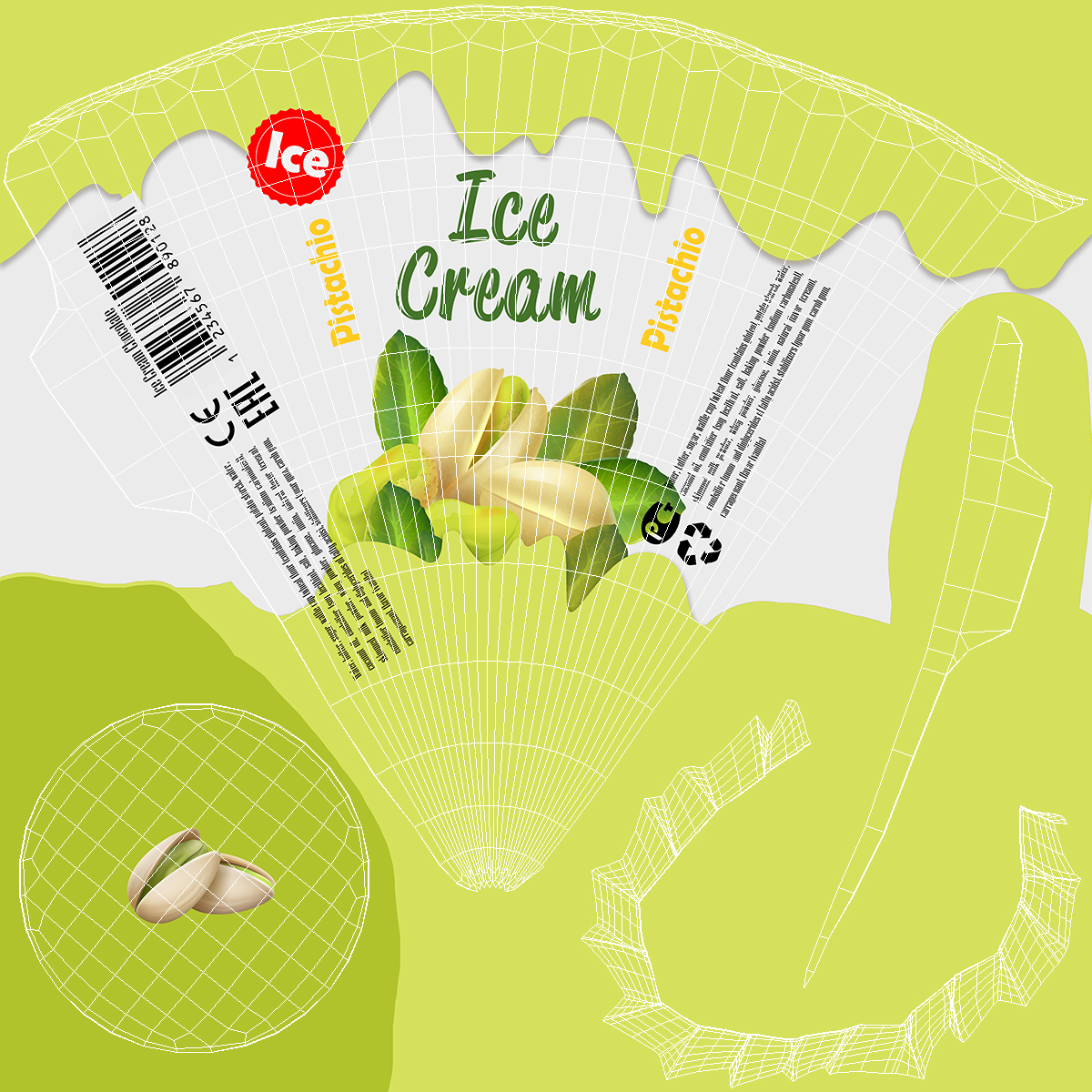 Cone Ice Cream Package Mockup Pistachio 3D model