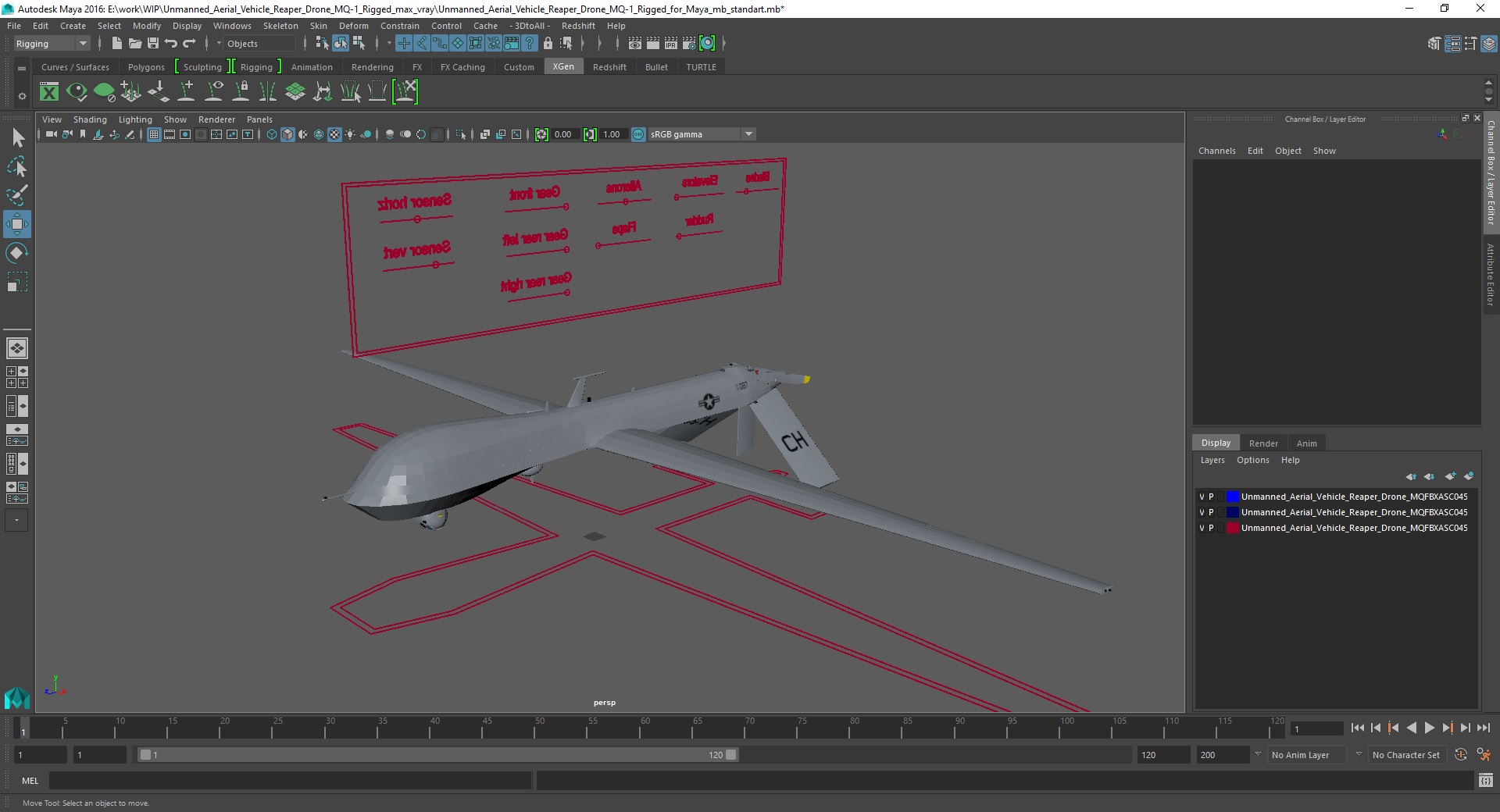 Unmanned Aerial Vehicle Reaper Drone MQ-1 Rigged for Maya 3D