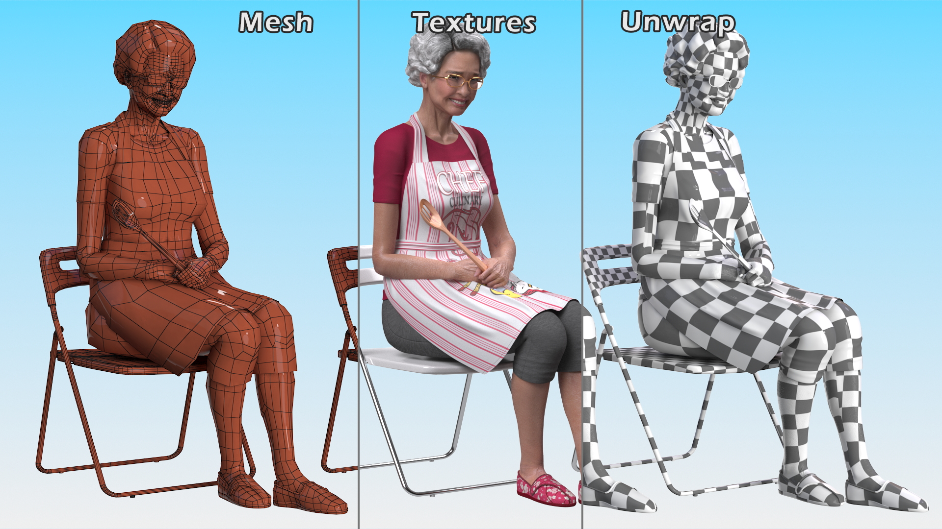3D Cook Style Asian Old Lady Sitting model