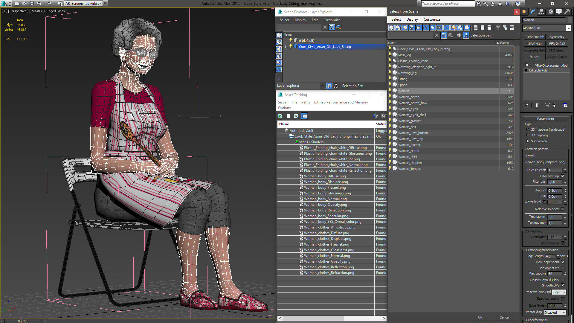 3D Cook Style Asian Old Lady Sitting model